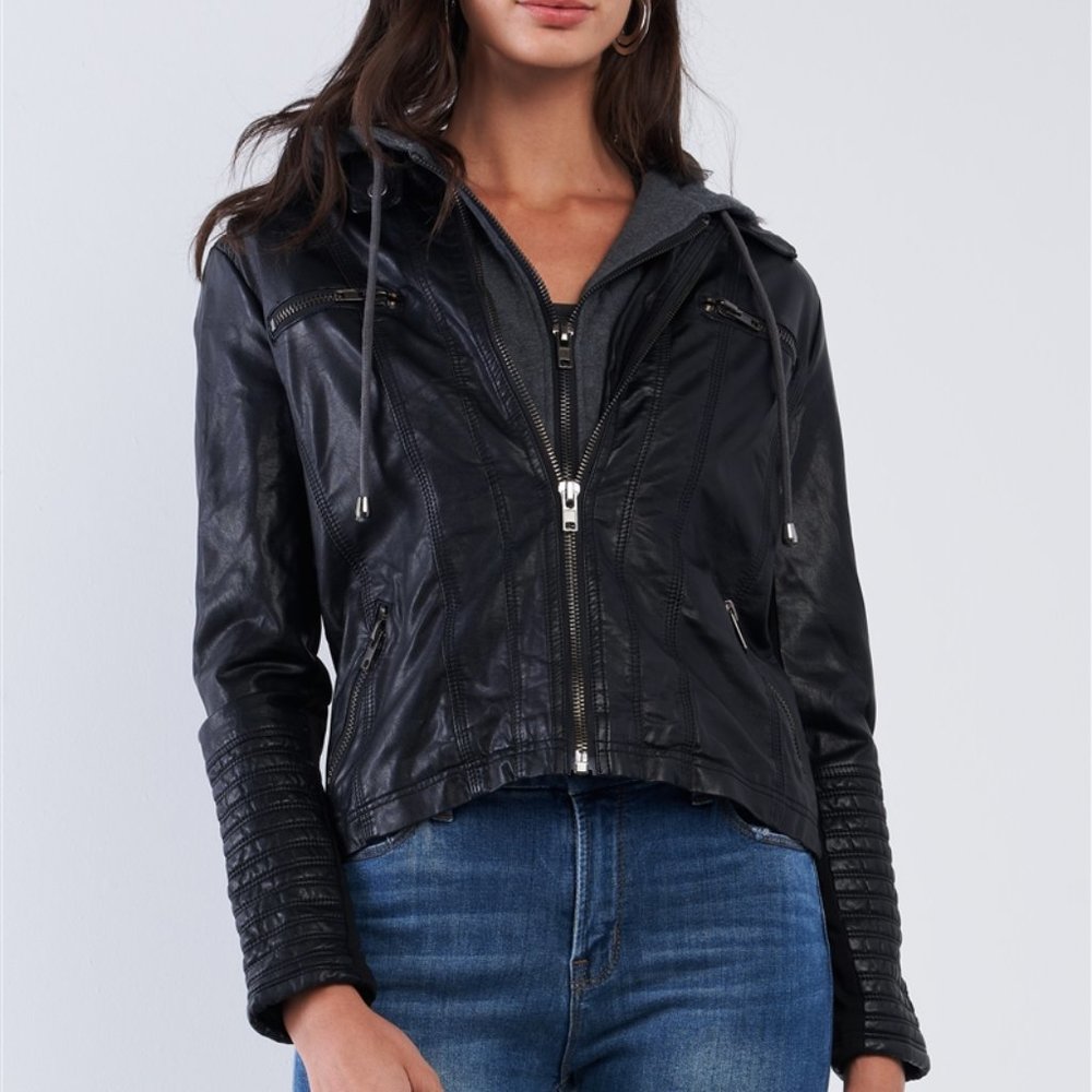 Rock & Roll Hoodie Vegan Leather Jacket (Black) - Picture 2 of 6